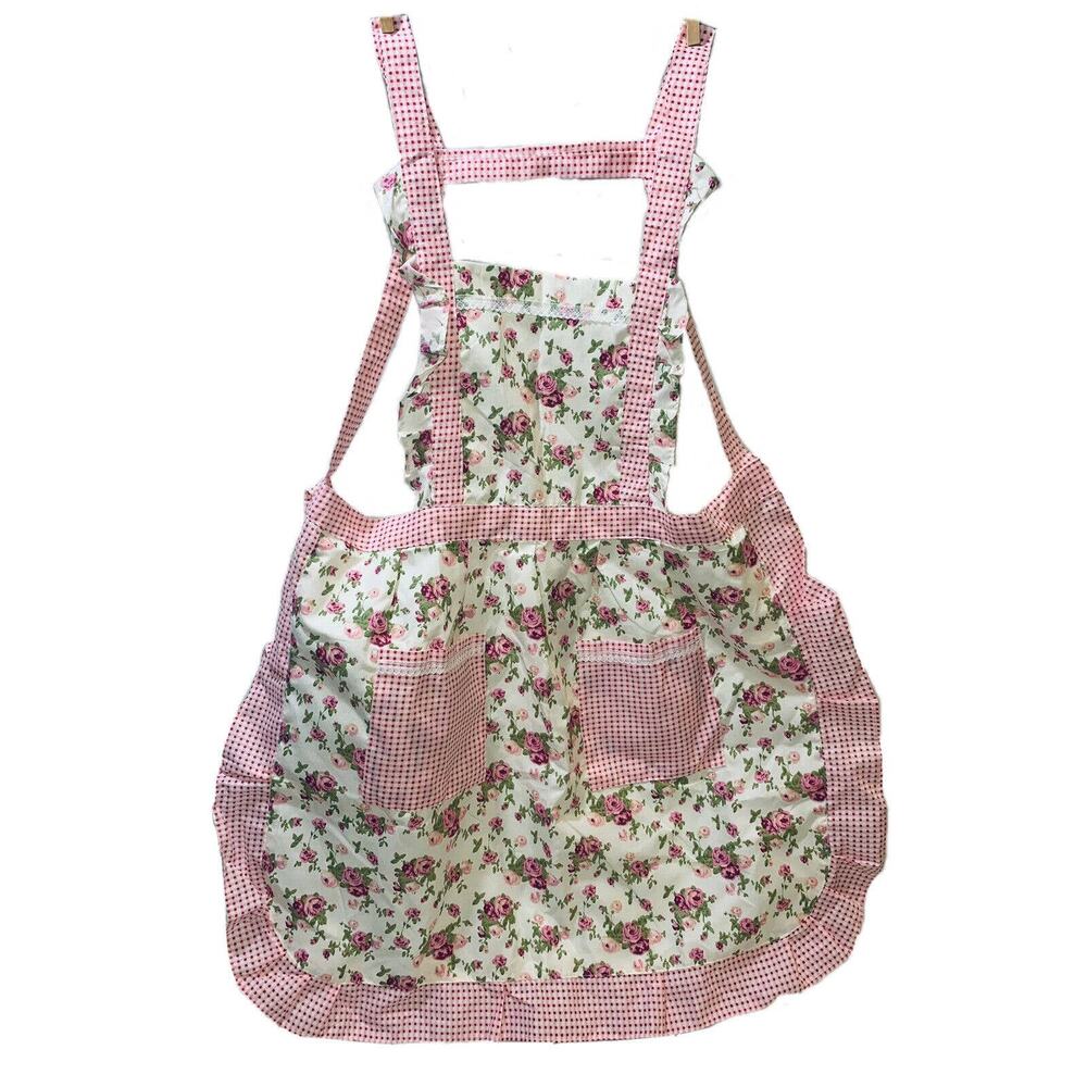 Apron For Teens Raylinedo Junior Pink White Double Pocket Full Floral Gingham